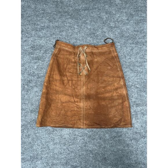 Vintage Brown Suede Leather Mini Skirt LaceUp Back Zipper Front Green Lining 70s - Picture 1 of 14